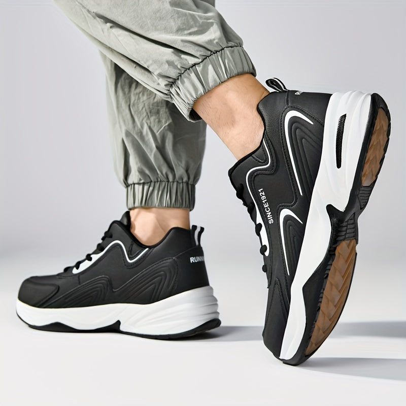 Men's Trendy Color Block Letter Print Lace-up Chunky Sneakers, Casual Outdoor Non-slip Shock Absorption Platform Shoes