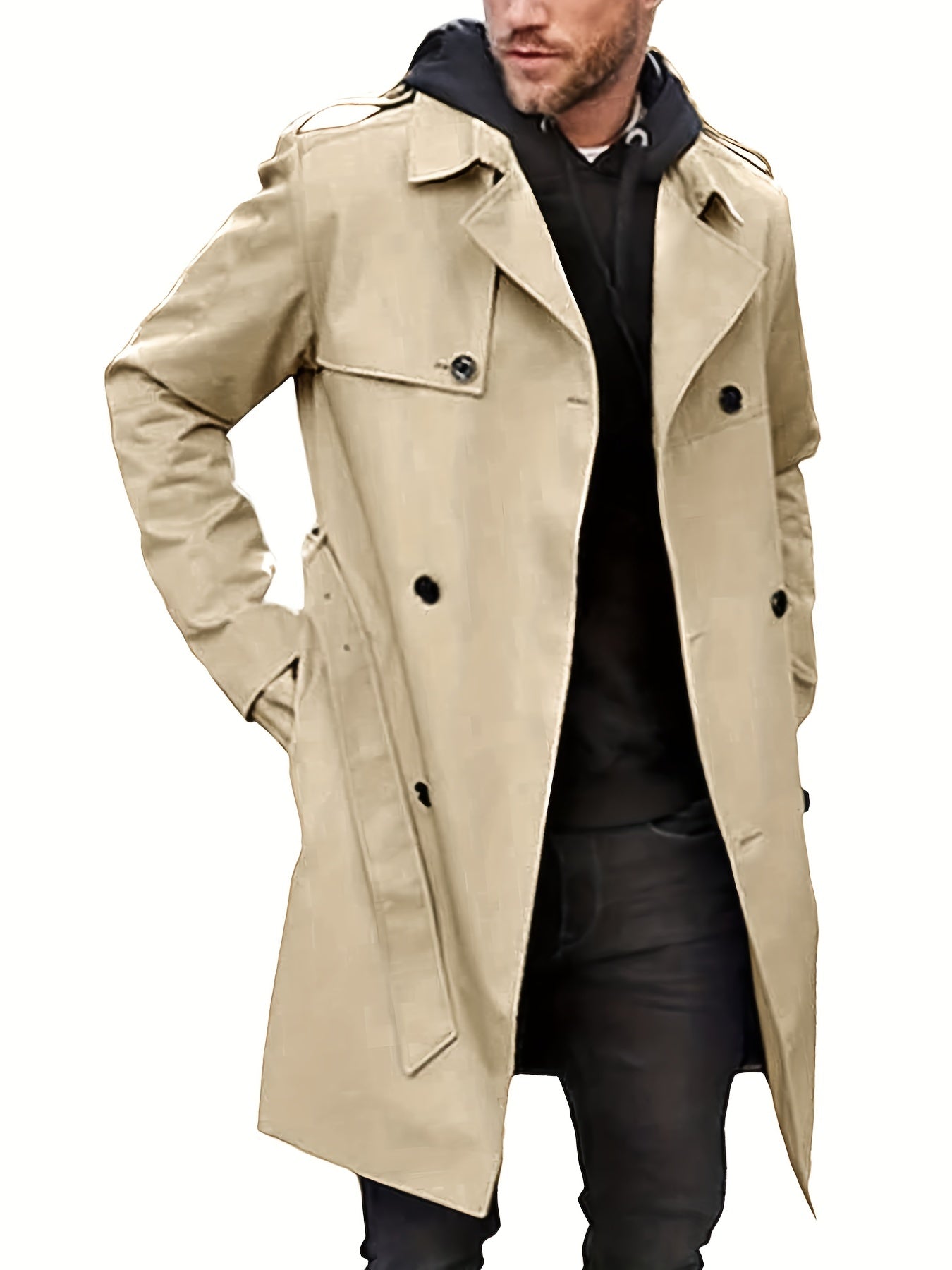 Plus Size Men's Trendy Windbreaker Double-breasted Belt Lapel Casual Slim Long Jacket Coat