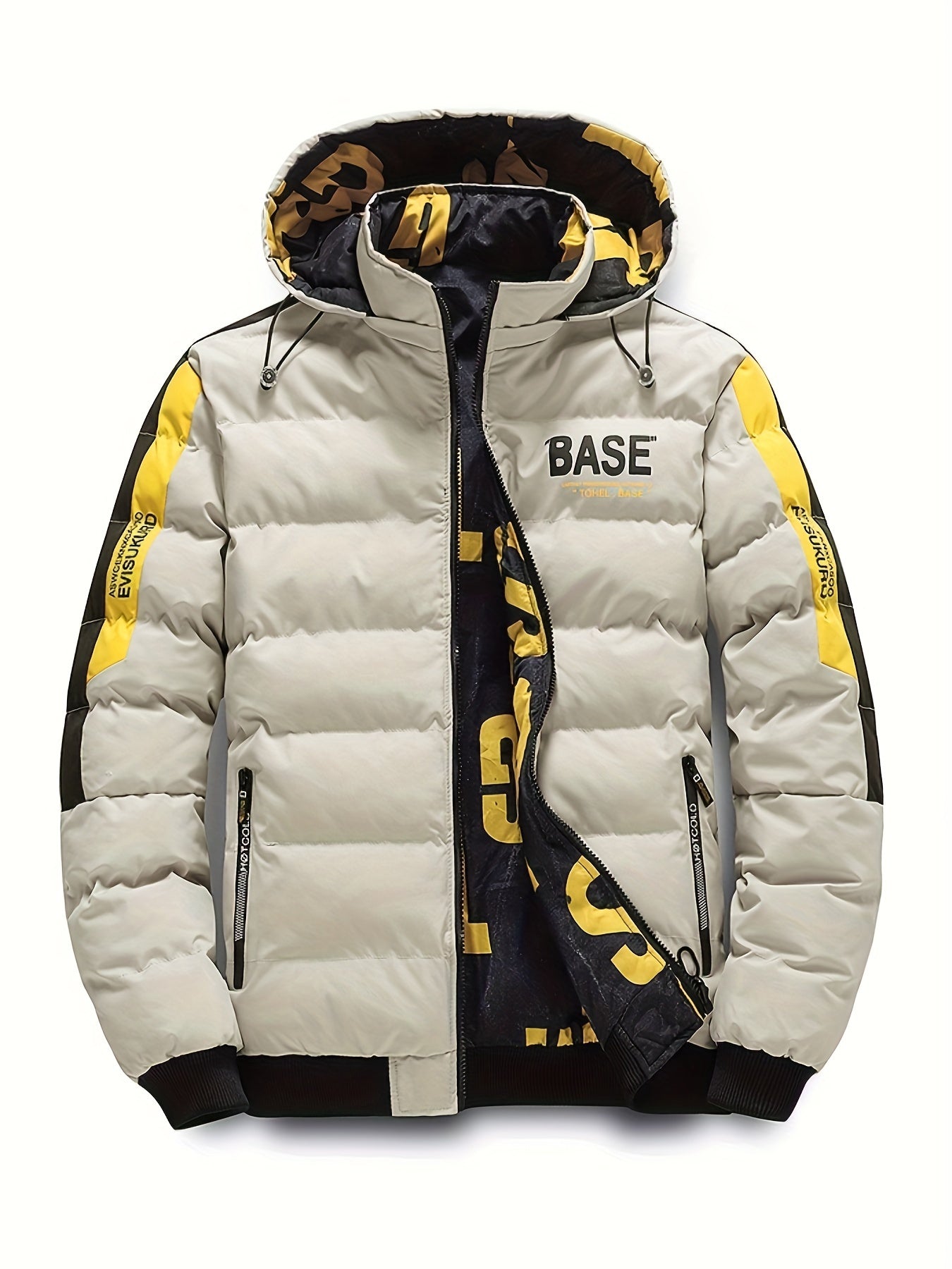 Men's Casual Printed Reversible Padded Coat, Chic Warm Hooded Jacket With Zipper Pockets For Fall Winter