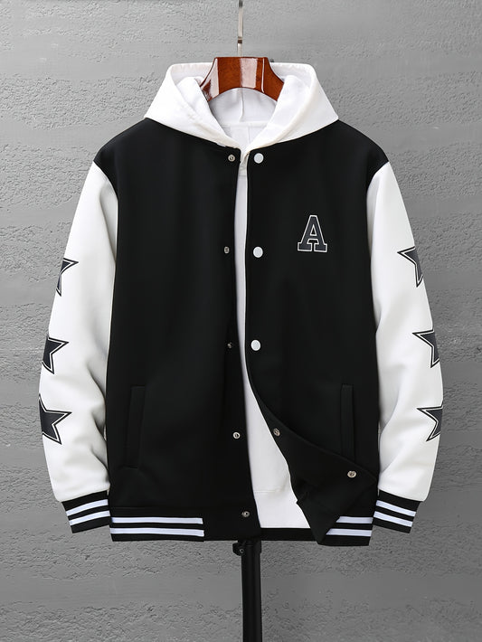 Letter V & Star Pattern Print Varsity Jacket, Men's Casual Baseball Jacket Coat Snap Button Regular Fit College Hipster Windbreaker For Spring Autumn